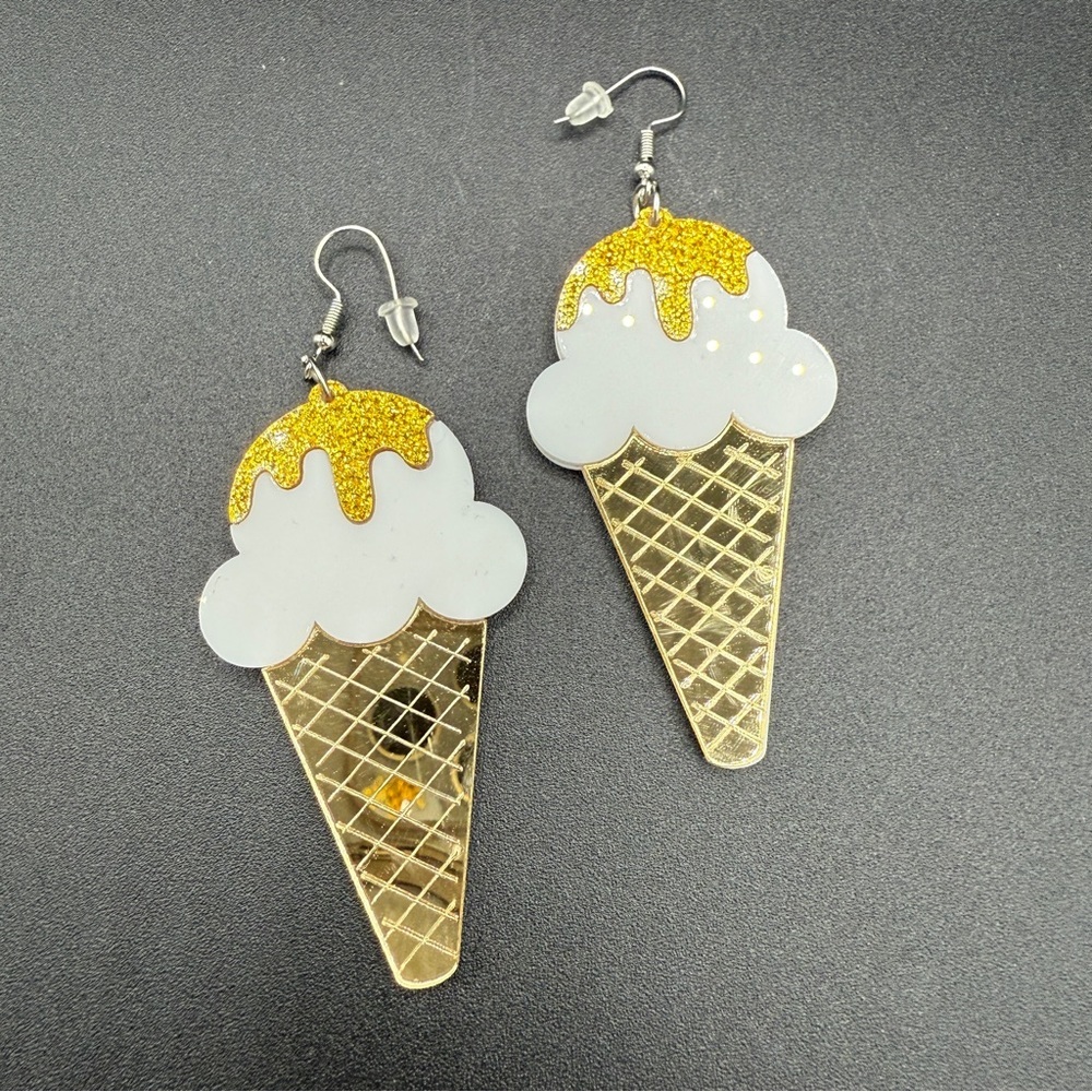Ice Cream Cone Statement Earrings in Shiny Gold and White